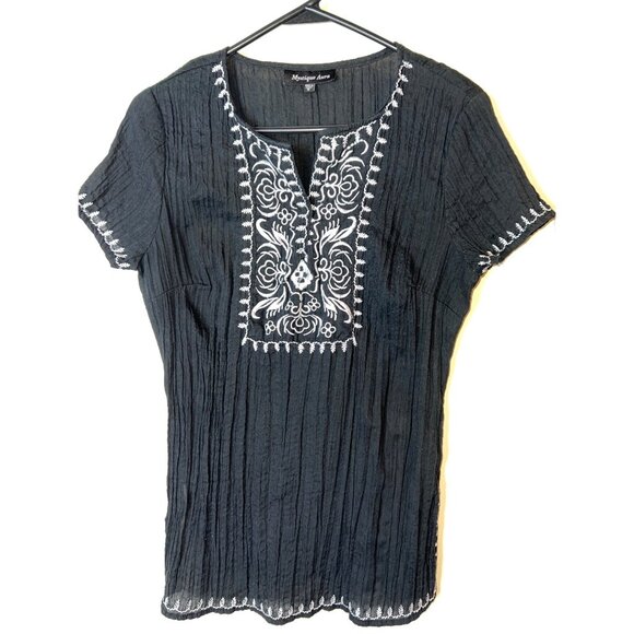Mystique Aura Tops - Black Short-Sleeve Embroidered Crinkle Blouse By Mystique Aura M